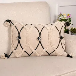 Art Avenue Off White & Black Self Design Cotton Rectangle Cushion Cover-14