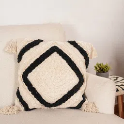 Art Avenue White & Black Self Design Cotton Square Cushion Cover-10