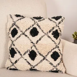 Art Avenue Betan Cream-Coloured & Black Self Design Cotton Square Cushion Cover-30