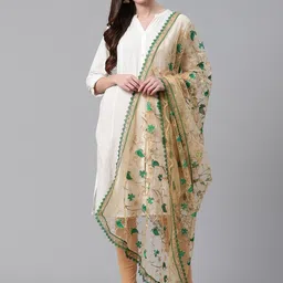 WEAVERS VILLA Beige & Green Embroidered Dupatta-picture-12