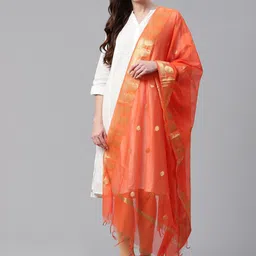 WEAVERS VILLA Orange & Golden Woven Design Dupatta-18