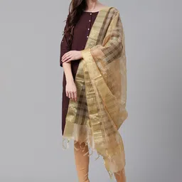 WEAVERS VILLA Beige & Golden Checked Dupatta-picture-25