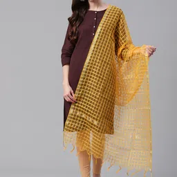 WEAVERS VILLA Mustard Yellow Checked Dupatta-56