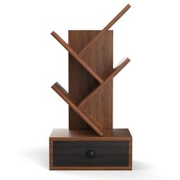 ithree Solid Sheesham Wood Book Shelf | Wooden Tree Shape Bookshelf | Free Standing Bookcase with Open 3 Shelf & One Drawer Storage | Tall Display Unit Book Stand |Rosewood, Honey Brown Finish image 4