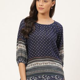 Vaak Women Navy Blue & Off White Printed Top-image-64