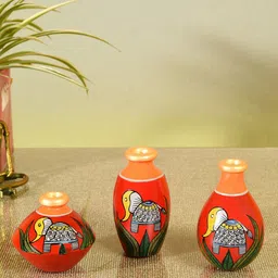 AAKRITI ART CREATIONS Set Of 3 Red Joyful Elephants Terracotta Vase-32