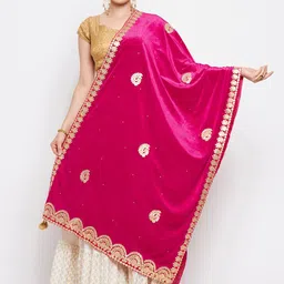 Clora Creation Magenta & Gold-Toned Ethnic Motifs Embroidered Velvet Dupatta with Gotta Patti-17