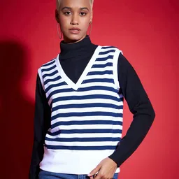 SASSAFRAS Striped V-Neck Sleeveless Ribbed Cotton Sweater Vest-image-30