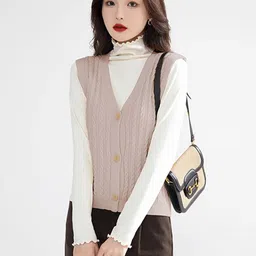 StyleCast Khaki Cable Knit Self Design V-Neck Sleeveless Sweater Vest-image-75