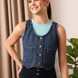 STREET 9 Sleeveless Crop Cotton Denim Jacket-image-17