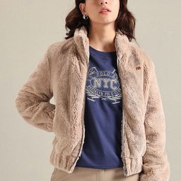 U.S. Polo Assn. Women Self Design Mock Collar Tailored Jacket With Faux Fur Trim-image-30