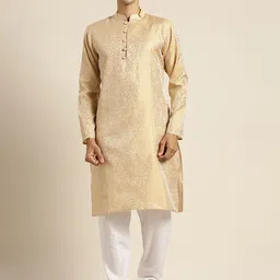 SOJANYA Men Beige & White Ethnic Motifs Straight Kurta with Churidar-image-34