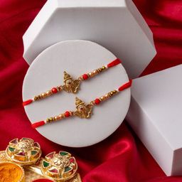PANASH Set Of 2 Gold Plated Lord Ganesha Wraparound Rakhis With Roli Chawal-image-67