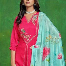 Sangria Embroidered Cotton Silk Asymmetrical Kurta Palazzo With Digital Print Dupatta-12