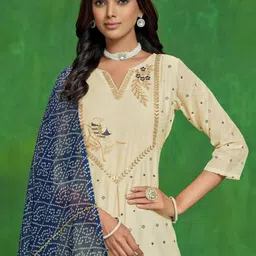 Sangria Chanderi Cotton Embroidered Straight Kurta Palazzo With Bandhani Dupatta Set-picture-41
