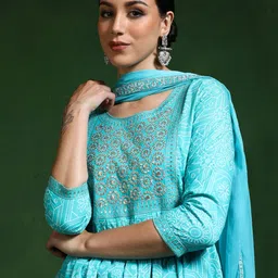 Jaipur Kurti Floral Printed Pleated Sequinned A-Line Kurta With Trousers & Dupatta-7