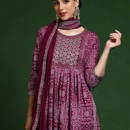 Jaipur Kurti Floral Printed Pleated Sequinned A-Line Kurta With Trousers & Dupatta-8