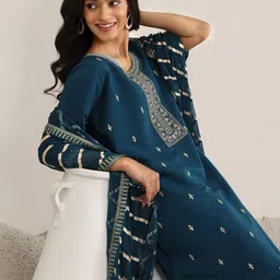 Gerua By Libas Blue Round Neck Floral Zari Embroidered A-Line Kurta With Trouser And Dupatta-image-77