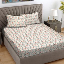 FABINALIV Cream & Green Floral Printed 300 TC King Bedsheet With 2 Pillow Covers-11