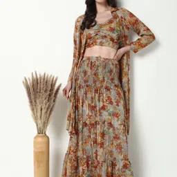SHOWOFF Floral Printed Shoulder Straps Neck Sleeveless Top With Shrug With Skirt-image-64