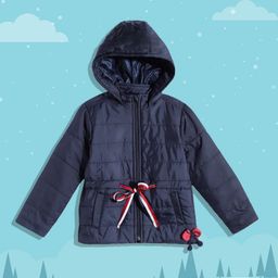 White Snow Girls Navy Blue Solid Hooded Padded Jacket with Waist Tie-Ups & Pom-Pom Bow-image-46