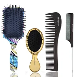 MAJESTIQUE Set Of 4 Paddle Detangling Hairbrush Mini Brush Wide-Tooth & Tail Comb-34