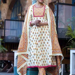 KALINI Floral Printed Sequinned Pure Cotton Anarkali Kurta With Trousers & Dupatta-17