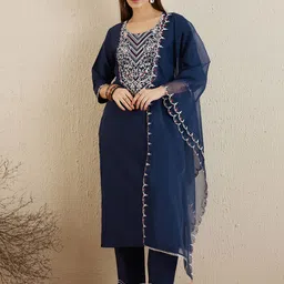 Indo Era Navy Blue Embroidered Yoke Design Aari Work Kurta With Trousers & Dupatta-picture-54