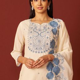 Indo Era Paisley Embroidered Thread Work Pure Cotton Kurta With Trousers And Dupatta-34