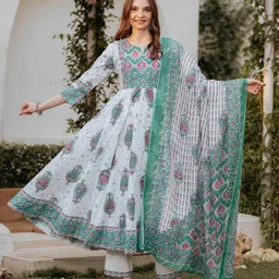 Mizaz Floral Printed Notch Neck Anarkali Pure Cotton Kurta With Trousers & Dupatta-picture-3