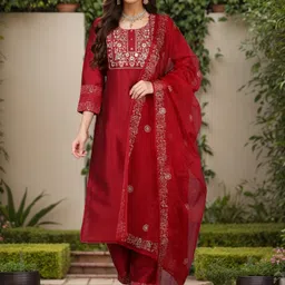 AHIKA Yoke Design Embroidered Regular Kurta with Trousers & With Dupatta-picture-3