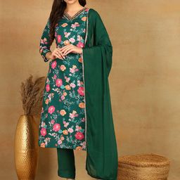 KALINI Floral Printed V-Neck Straight Kurta with Trousers & With Dupatta-53