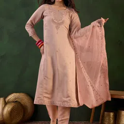 Sangria Zari Sequence Embroidered Straight Kurta & Trousers With Dupatta-4