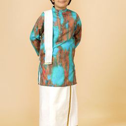A.T.U.N. Boys Ombre Printed Band Collar Regular Straight Kurta With Mundu & Dupatta-19