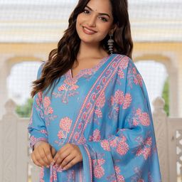 KALINI Floral Printed Three-Quarter Sleeves Straight Kurta With Trousers & Dupatta-picture-0