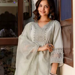 Anouk Ethnic Motifs Embroidered Pure Cotton Straight Kurta With Palazzos & Dupatta-picture-41