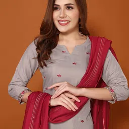 SANISA Floral Embroidered Notch Neck Chinon Straight Kurta With Trousers & Dupatta-29