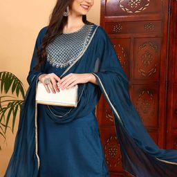 KALINI Ethnic Motifs Yoke Design Sequinned Kurta & Trousers With Dupatta-10