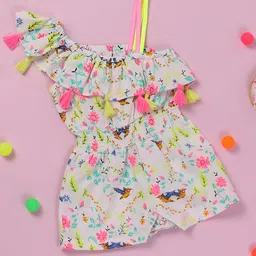 Nauti Nati Girls White & Pink Printed One Shoulder Jumpsuit With Tassels-image-16