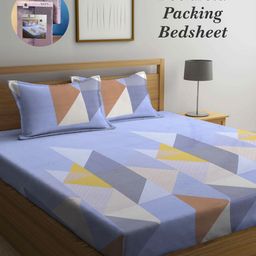 Arrabi Bookfold Blue & Brown Geometric 300 TC King Bedsheet With 2 Pillow Covers-image-80