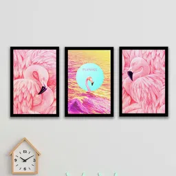 Art Street Yellow & Pink Set Of 3 Flamingo Paintings Framed Wall Art-17