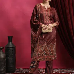 Vishudh Rust Ethnic Motifs Printed Notch Neck Kurta With Palazzo & Dupatta-picture-4