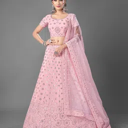 Fusionic Pink Embroidered Semi-Stitched Lehenga & Unstitched Blouse With Dupatta-image-65