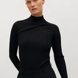 MANGO Women Black Self Striped High Neck Sustainable Pullover-image-11