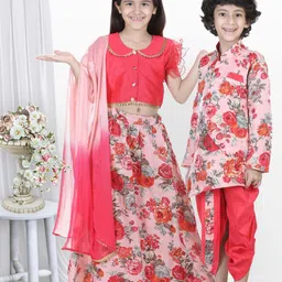 BownBee Girls Pink & Gold-Toned Foil Print Ready to Wear Lehenga & Blouse With Dupatta-picture-15