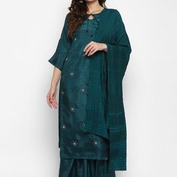 VAABA Women Green Embroidered Mirror Work Kurta with Sharara & With Dupatta-image-76