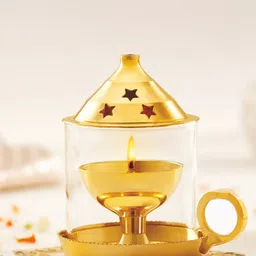 BOROSIL Mangal Diya Brass Decorative Glass Oil Lamp Tea Light Holder with Glass Chimney-picture-38