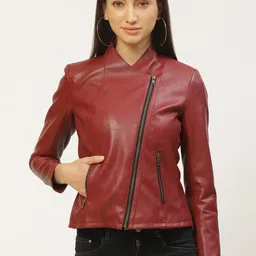 Leather Retail Women Red Solid Lightweight Biker Jacket-image-81