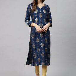 Biba Women Navy Blue & Golden Printed Straight Kurta-13