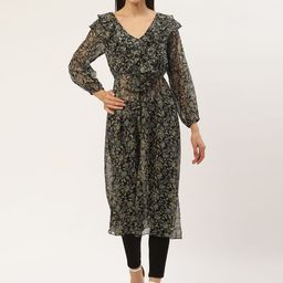 Antheaa Women Black & Green Ruffled Semi-Sheer Printed Longline Open Front Shrug-4